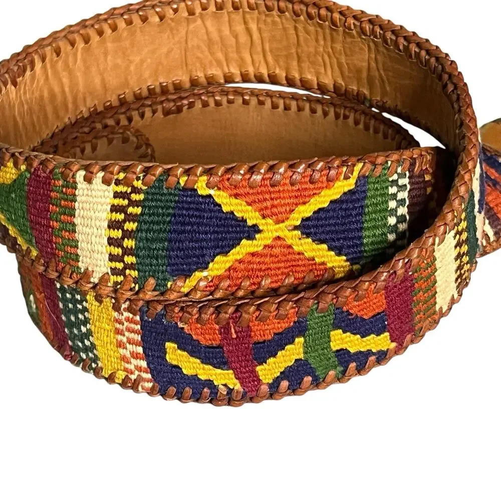 Handmade Leather Mayan Woven Textile Belt Unisex 42 Artisan Whipstitch Boho